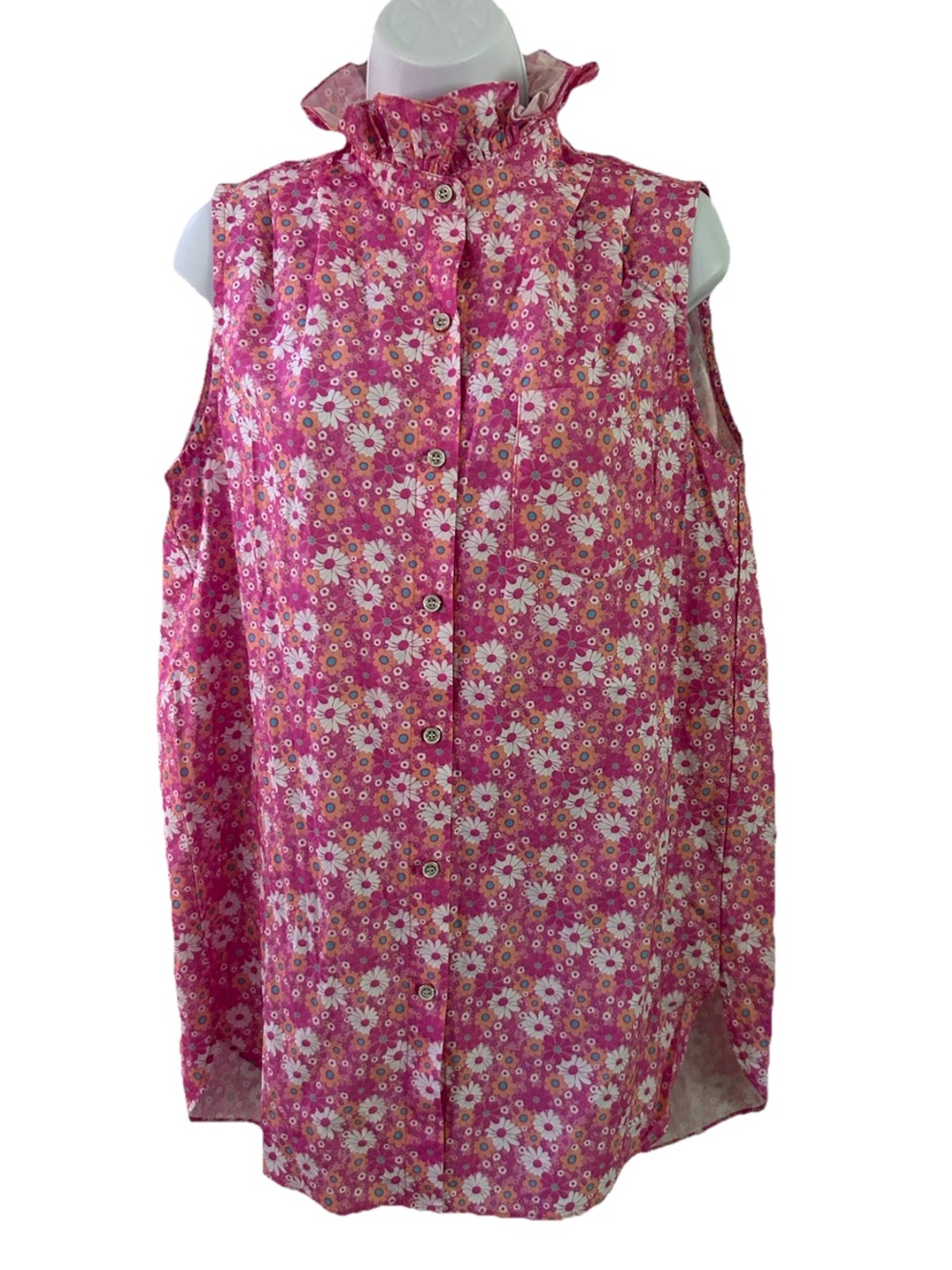 SSYS The Label Pink Floral Sleeveless Ruffle Collar Button Up  Blouse Medium